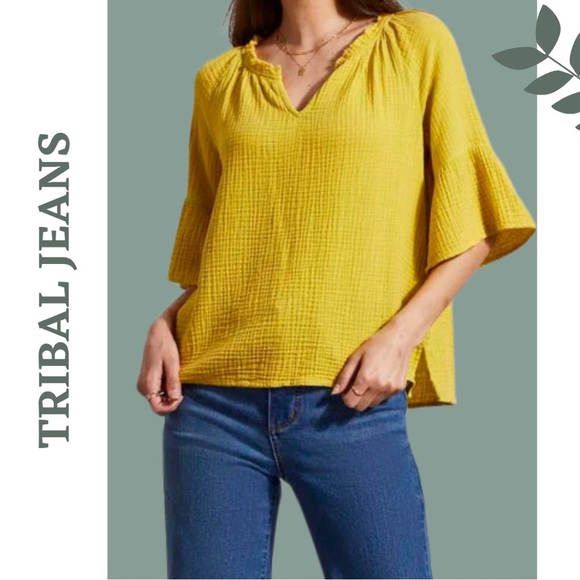 Tribal Tops - Tribal Jeans Peasant Top V Neck Full 1/2 Sleeve Cotton Chartreuse Green Medium